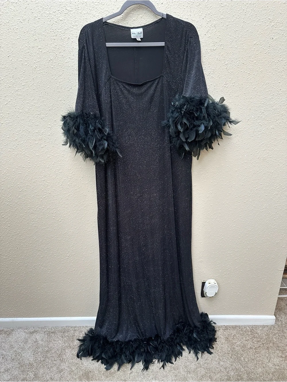 VTG 2X Black Sequin Feather Trim Maxi Dress Flare Sleeve Glam Witchy Whimsigoth